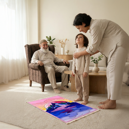 Dede, torununa aldığı seccade ile namaz kılmak üzereyken torununa bakıyordur.